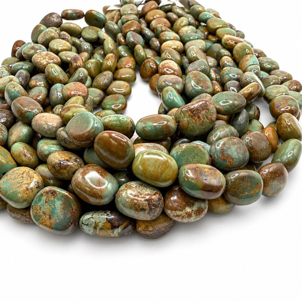 Multicolor Turquoise Beads - Earthy Green with Matrix - Never Dyed or Color Enhancement - Freeform Flat Oval Nugget Approx. 10X15mm #A122