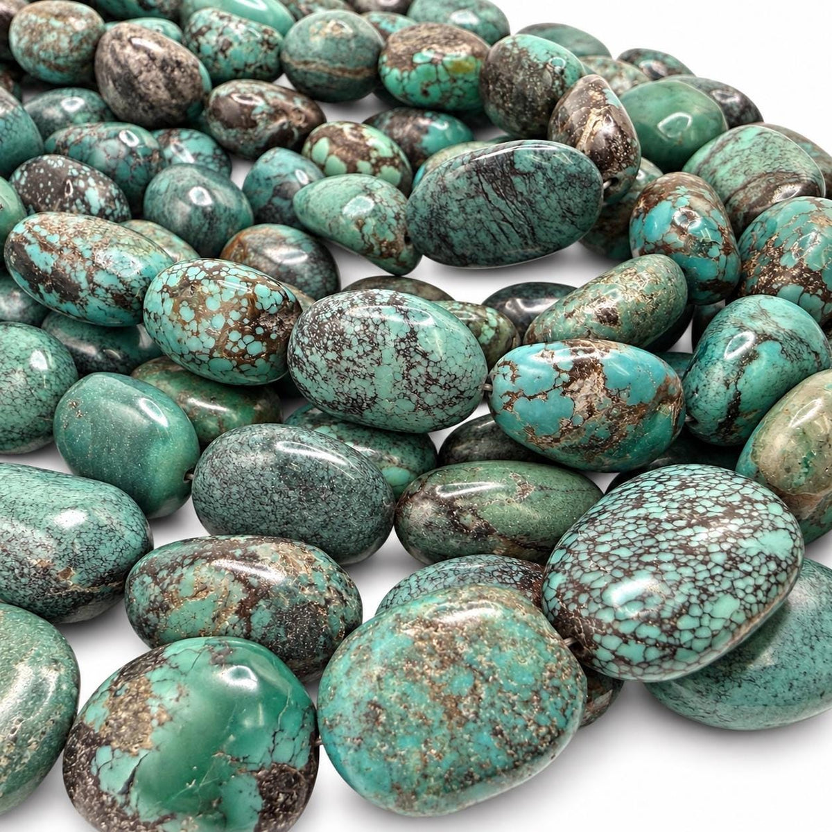 Beautiful Turquoise Beads - Earthy Blue Green with Matrix - Never Dyed or Color Enhancement - Large Freeform Oval Approx. 16-22mm #A124