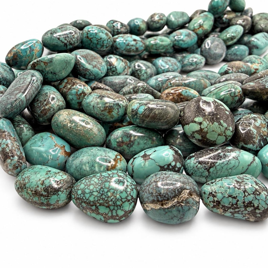 Beautiful Turquoise Beads - Earthy Blue Green with Matrix - Never Dyed or Color Enhancement - Large Freeform Oval Approx. 16-22mm #A124