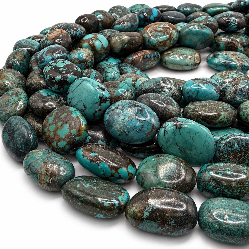Beautiful Dark Matrix Turquoise Beads - Earthy Blue Green - Never Dyed or Color Enhancement - Large Freeform Oval Approx. 16-22mm #A125