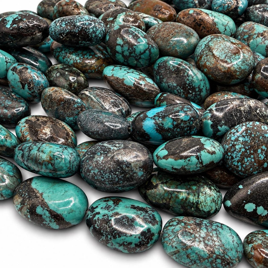 Beautiful Dark Matrix Turquoise Beads - Earthy Blue Green - Never Dyed or Color Enhancement - Large Freeform Oval Approx. 16-22mm #A125