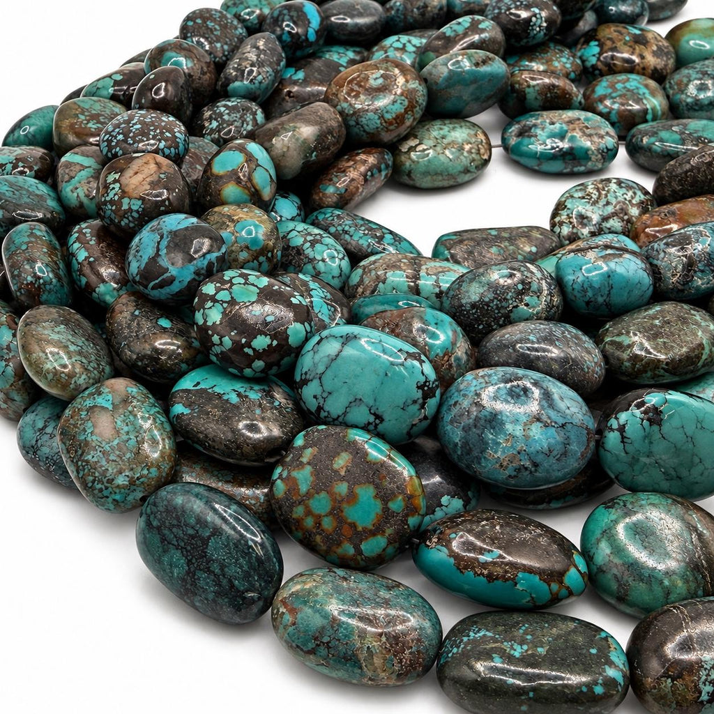 Beautiful Dark Matrix Turquoise Beads - Earthy Blue Green - Never Dyed or Color Enhancement - Large Freeform Oval Approx. 16-22mm #A125