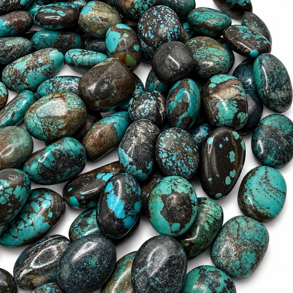 Beautiful Dark Matrix Turquoise Beads - Earthy Blue Green - Never Dyed or Color Enhancement - Large Freeform Oval Approx. 16-22mm #A125