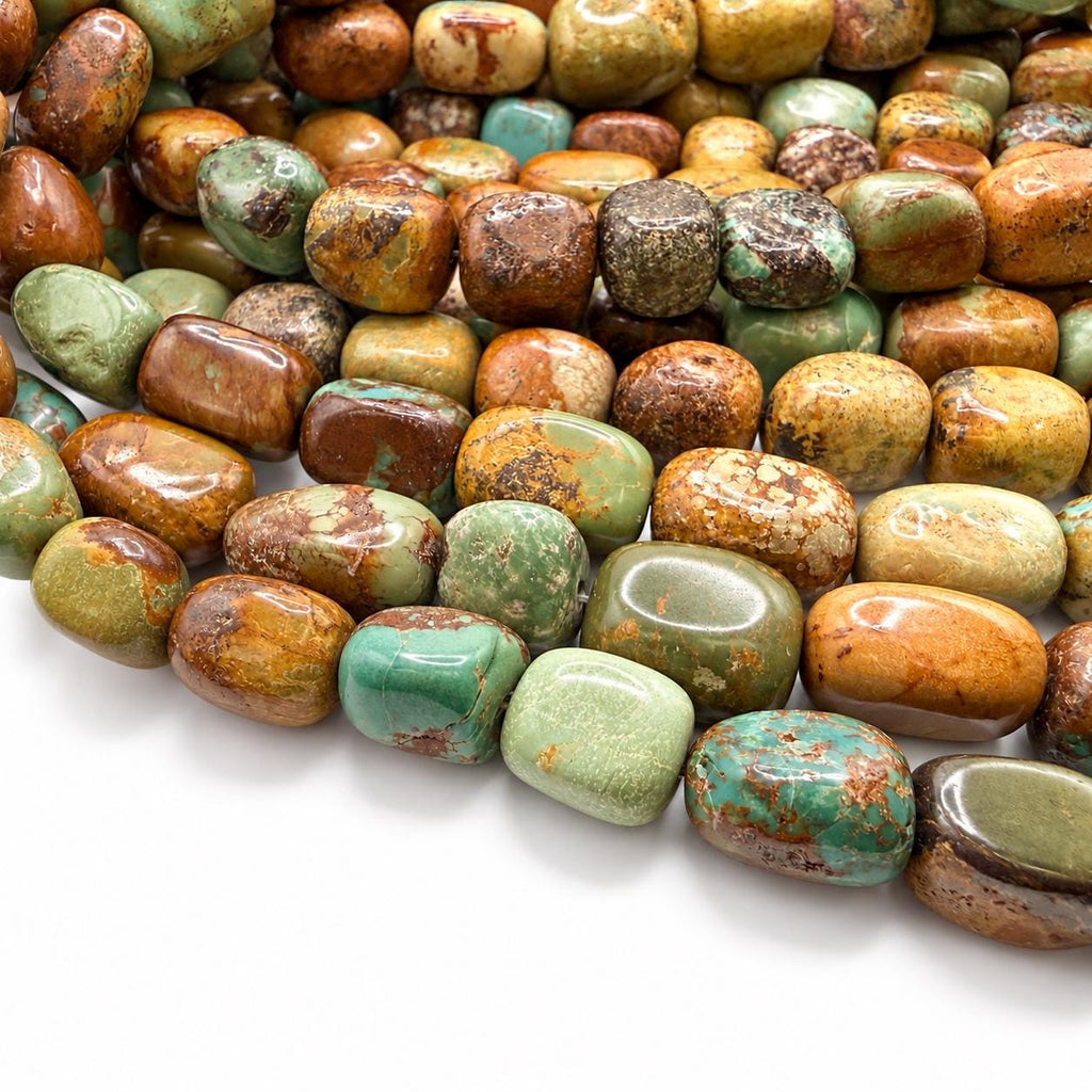 Multicolor Huibei Turquoise Beads - Earthy Green with Matrix - Never Dyed or Color Enhancement - Freeform Cube Nugget Approx. 12-15mm #A119