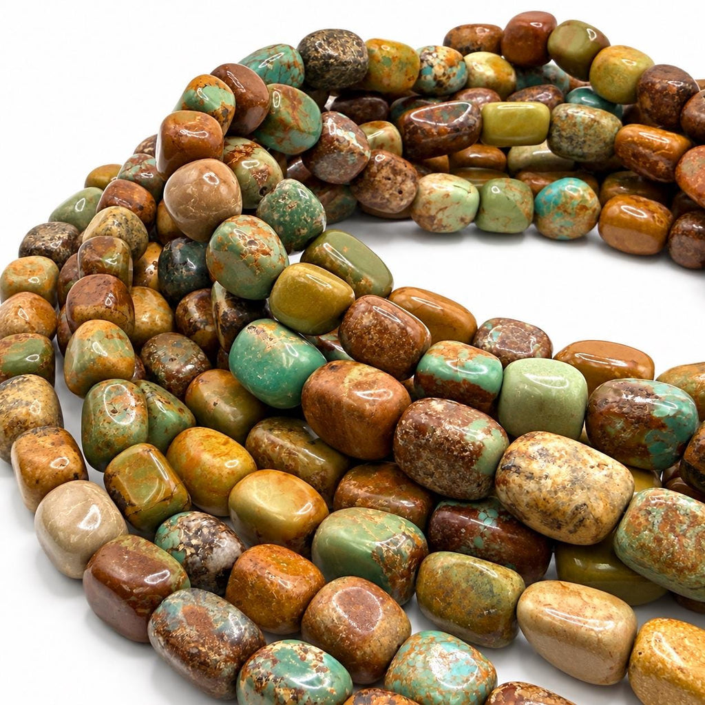 Multicolor Huibei Turquoise Beads - Earthy Green with Matrix - Never Dyed or Color Enhancement - Freeform Cube Nugget Approx. 12-15mm #A119