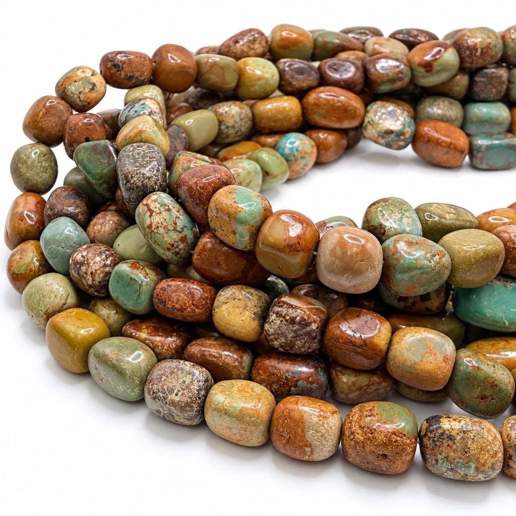 Multicolor Huibei Turquoise Beads - Earthy Green with Matrix - Never Dyed or Color Enhancement - Freeform Cube Nugget Approx. 12-15mm #A119