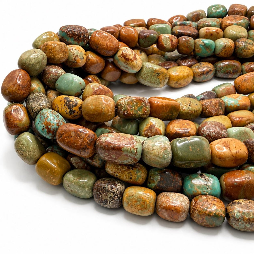 Multicolor Huibei Turquoise Beads - Earthy Green with Matrix - Never Dyed or Color Enhancement - Freeform Cube Nugget Approx. 12-15mm #A119