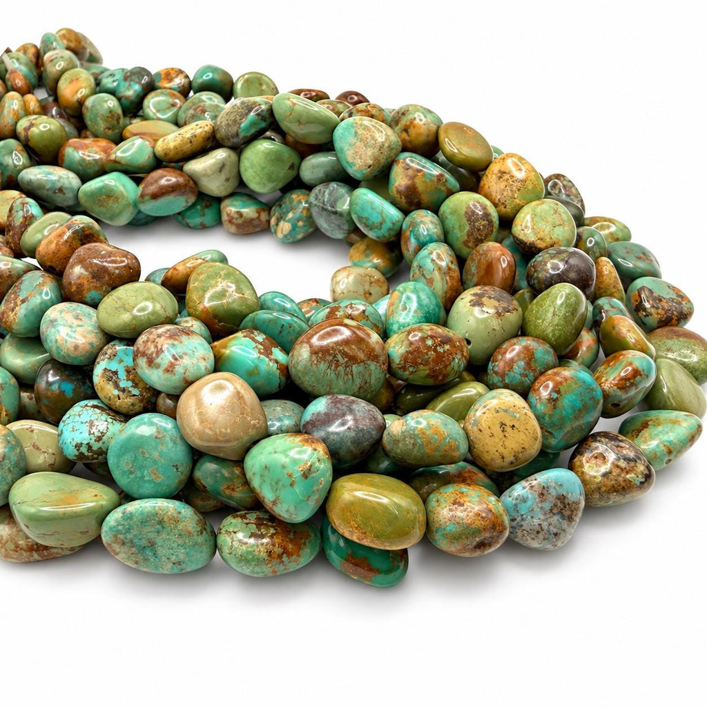 Multicolor Huibei Turquoise Beads - Earthy Green with Matrix - Never Dyed or Color Enhancement - Freeform Pebble Nugget #A120