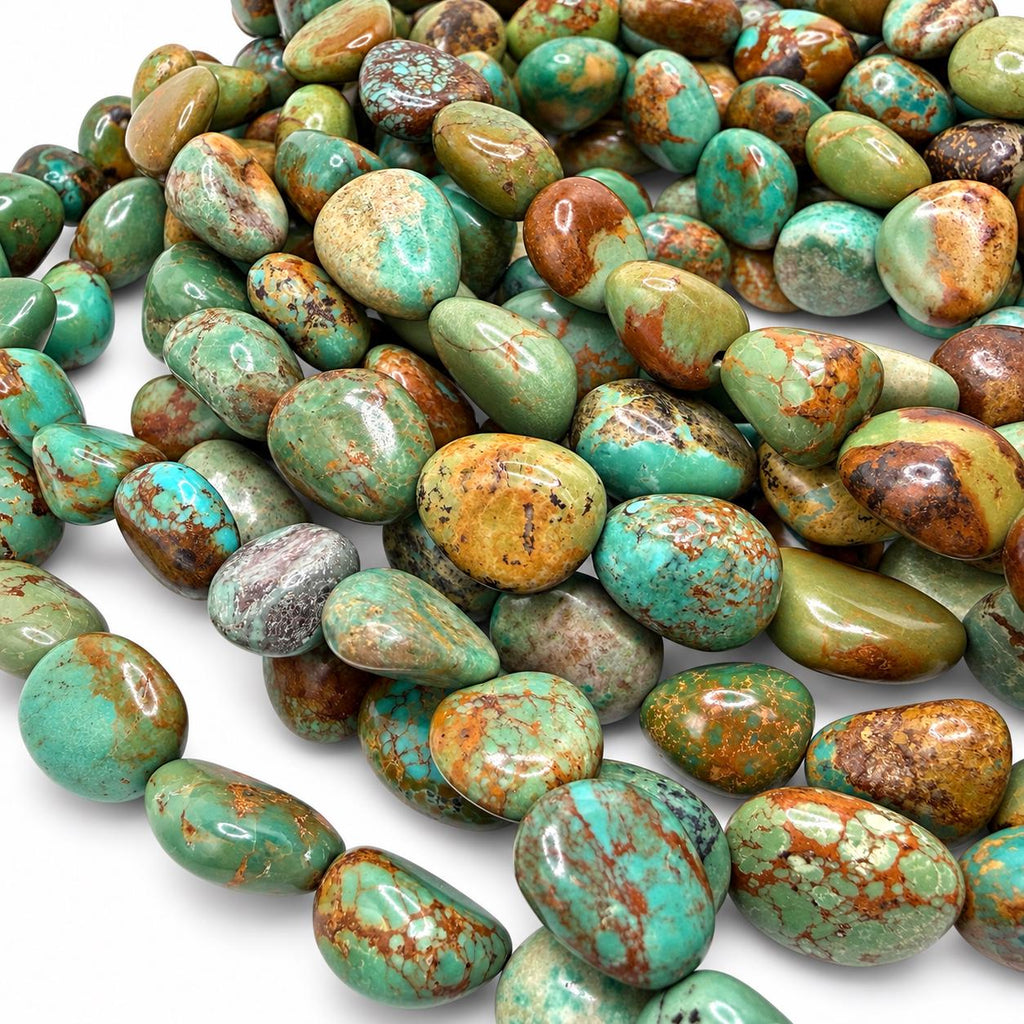 Multicolor Huibei Turquoise Beads - Earthy Green with Matrix - Never Dyed or Color Enhancement - Freeform Pebble Nugget #A120