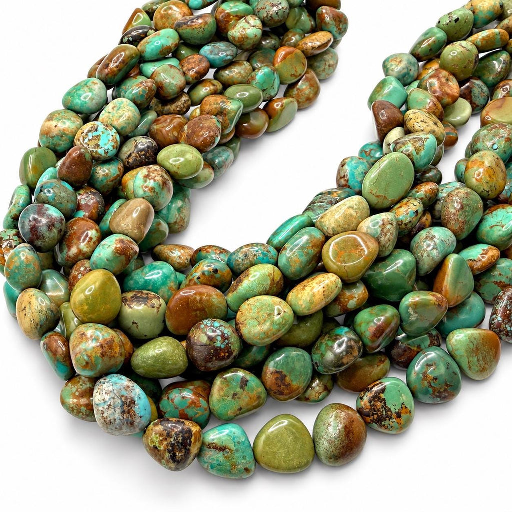 Multicolor Huibei Turquoise Beads - Earthy Green with Matrix - Never Dyed or Color Enhancement - Freeform Pebble Nugget #A120