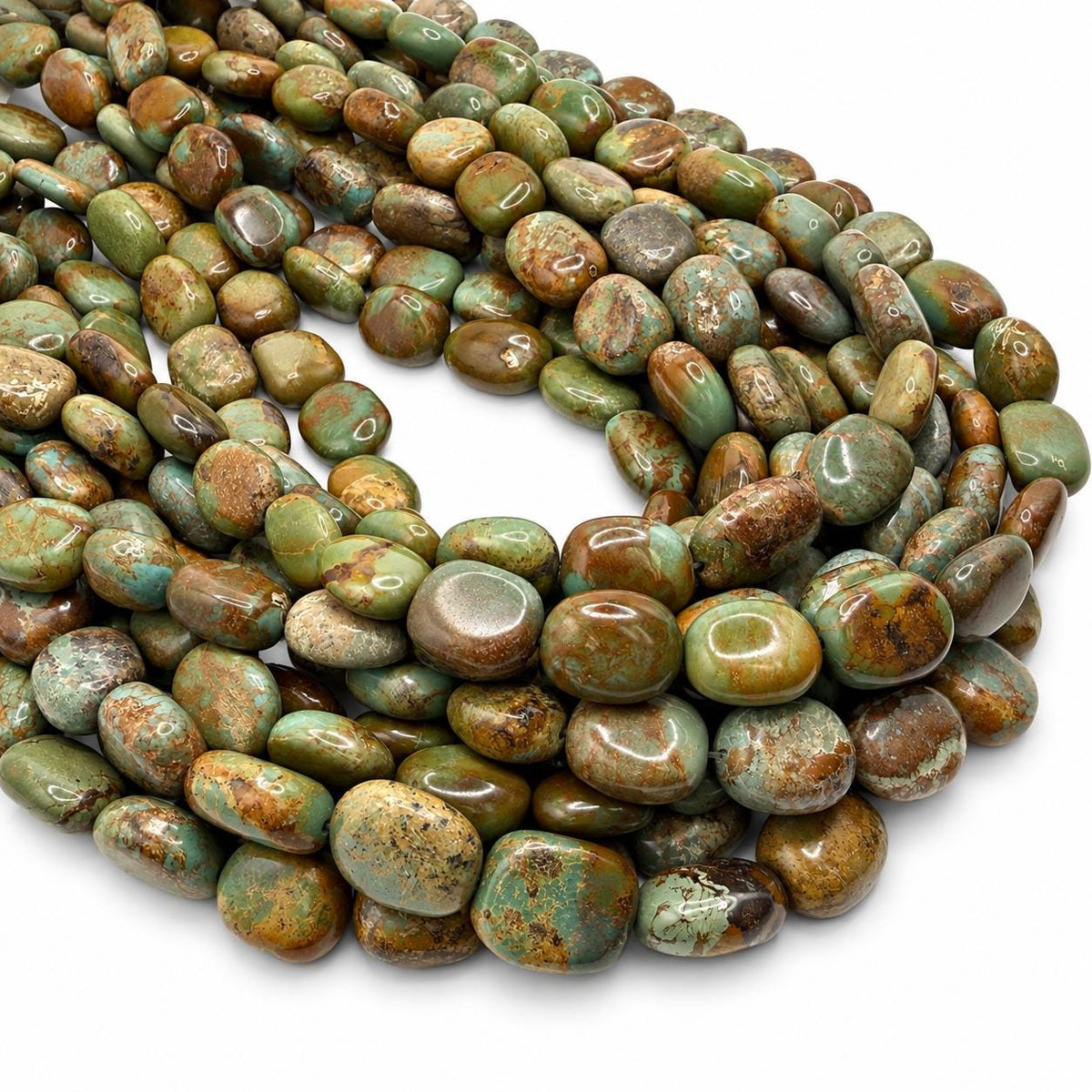 Multicolor Turquoise Beads - Earthy Green with Matrix - Never Dyed or Color Enhancement - Freeform Flat Oval Nugget Approx. 10X15mm #A122