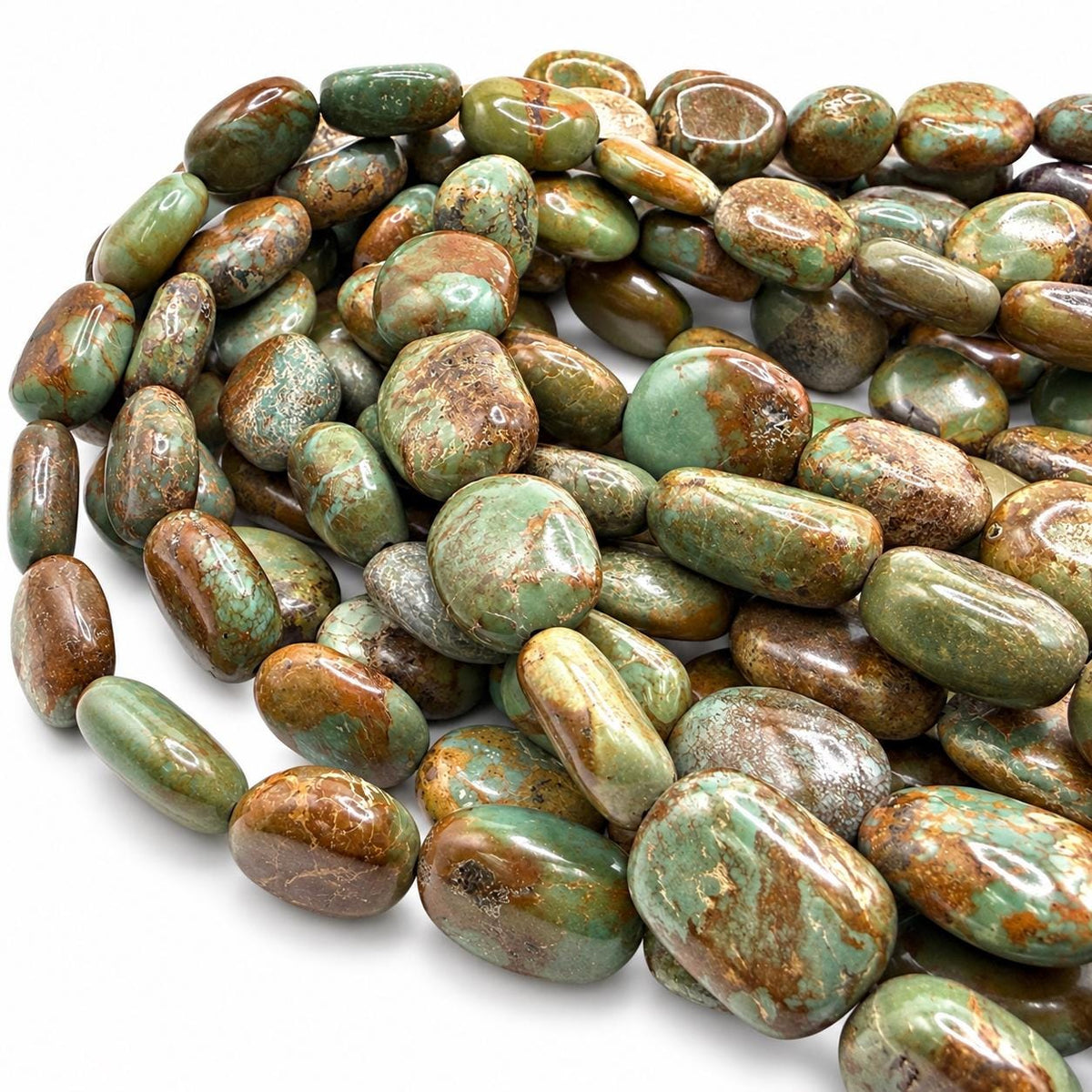 Multicolor Turquoise Beads - Earthy Green with Matrix - Never Dyed or Color Enhancement - Freeform Flat Oval Nugget Approx. 10X15mm #A122