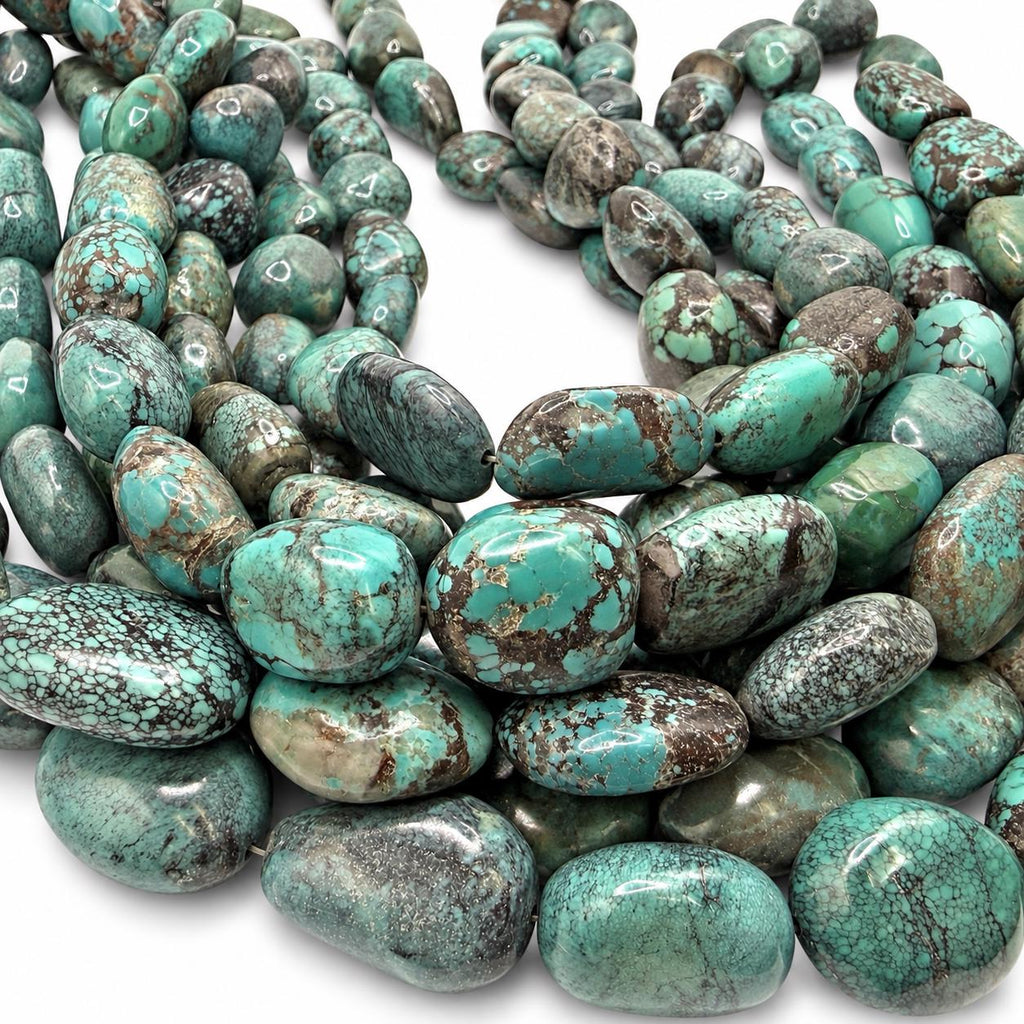 Beautiful Turquoise Beads - Earthy Blue Green with Matrix - Never Dyed or Color Enhancement - Large Freeform Oval Approx. 16-22mm #A124
