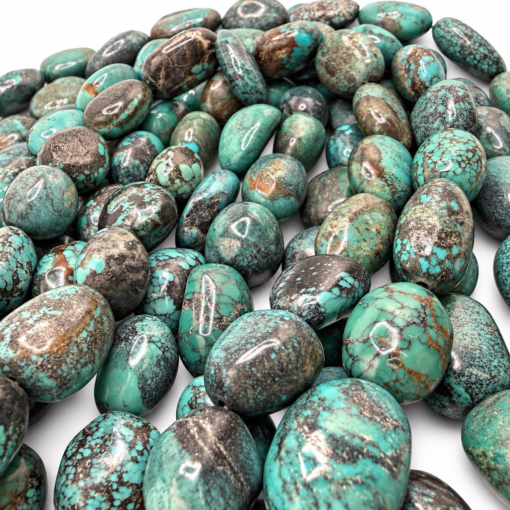 Beautiful Turquoise Beads - Earthy Blue Green with Matrix - Never Dyed or Color Enhancement - Large Freeform Oval Approx. 16-22mm #A124