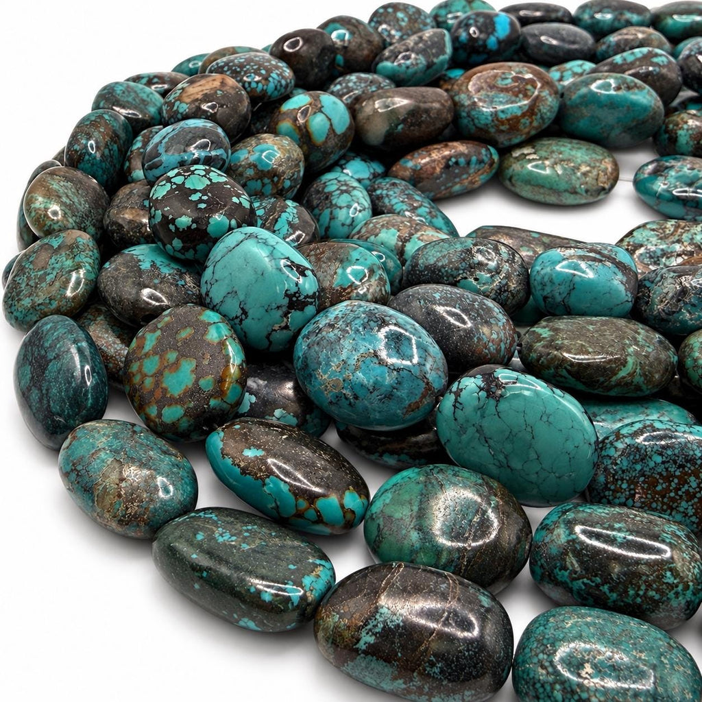 Beautiful Dark Matrix Turquoise Beads - Earthy Blue Green - Never Dyed or Color Enhancement - Large Freeform Oval Approx. 16-22mm #A125
