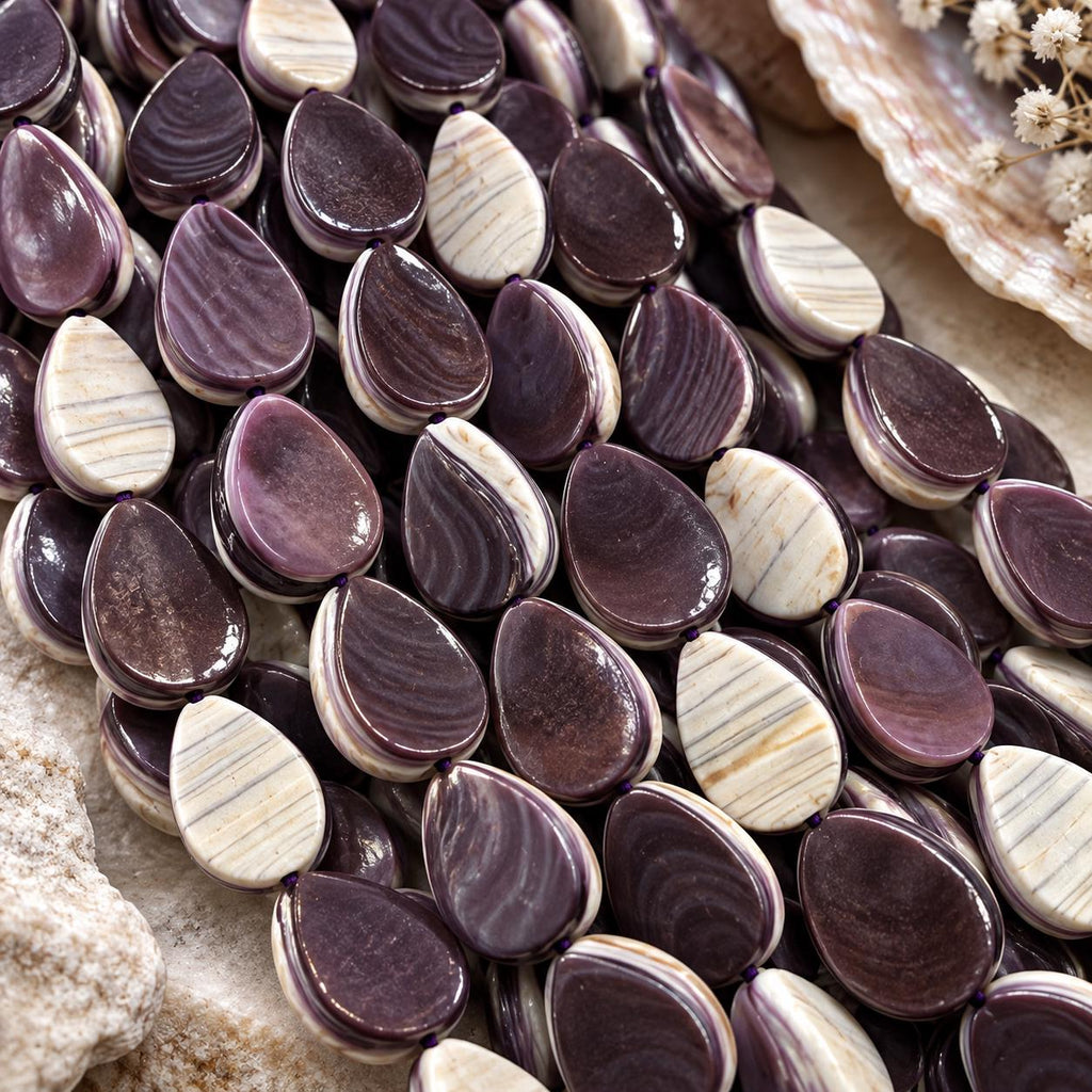 Extra Dark Wampum Shell Beads From USA (Rare Color) Native American Style - Men's Jewelry - Smooth Teardrop 12X16mm #B414