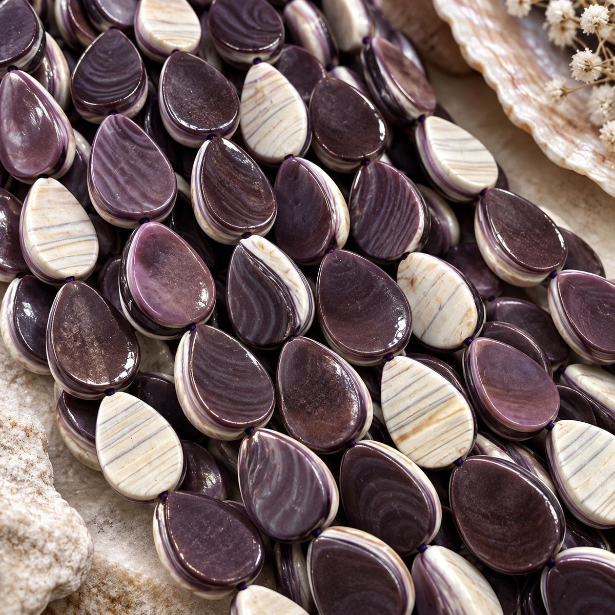 Extra Dark Wampum Shell Beads From USA (Rare Color) Native American Style - Men's Jewelry - Smooth Teardrop 12X16mm #B414